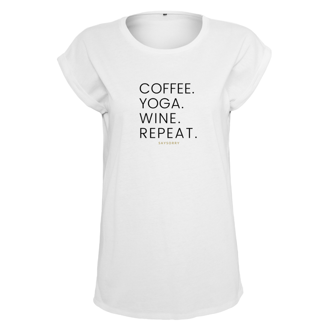 Organic Alle-Größen-Shirt weiss »Coffee. Yoga. Wine. Repeat.«