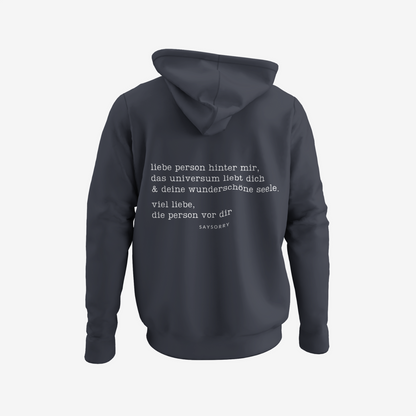 100% Organic unisex Hoodie in vielen Farben »Liebe Person hinter mir« vorne bestickt & hinten bedruckt