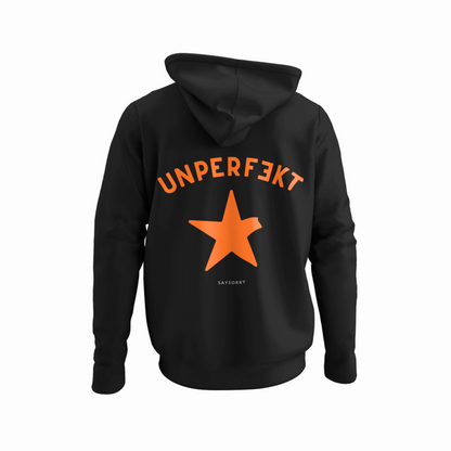 100% Organic unisex Hoodie in vielen Farben »Unperfekt in orangel« Vorne bestickt, hinten bedruckt