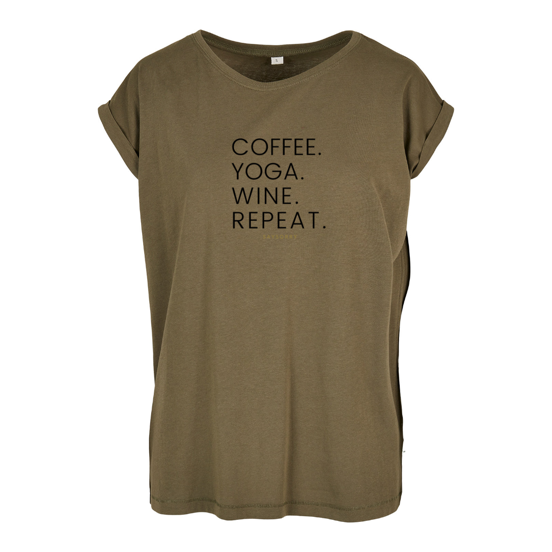 Organic Alle-Größen-Shirt weiss »Coffee. Yoga. Wine. Repeat.«