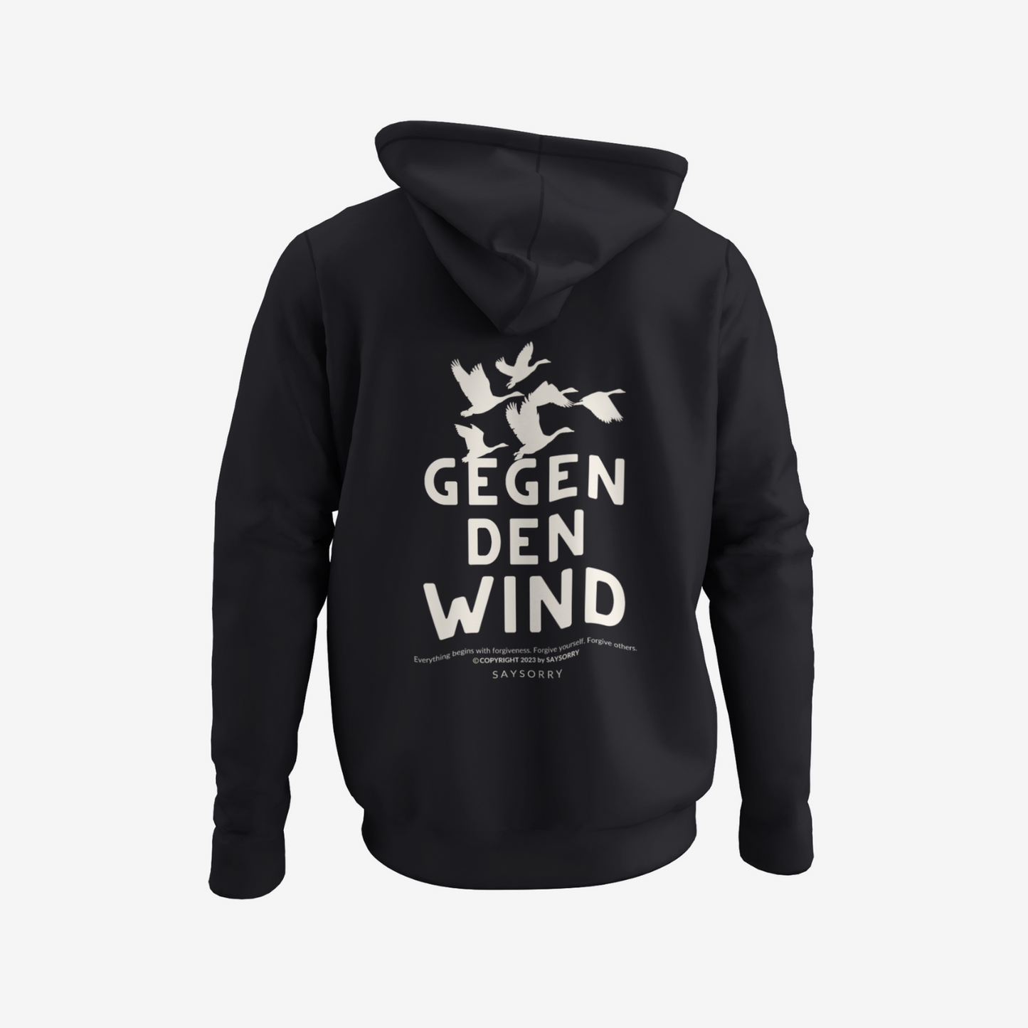 100% Organic unisex Hoodie in vielen Farben »Gegen den Wind« vorne bestickt & hinten bedruckt