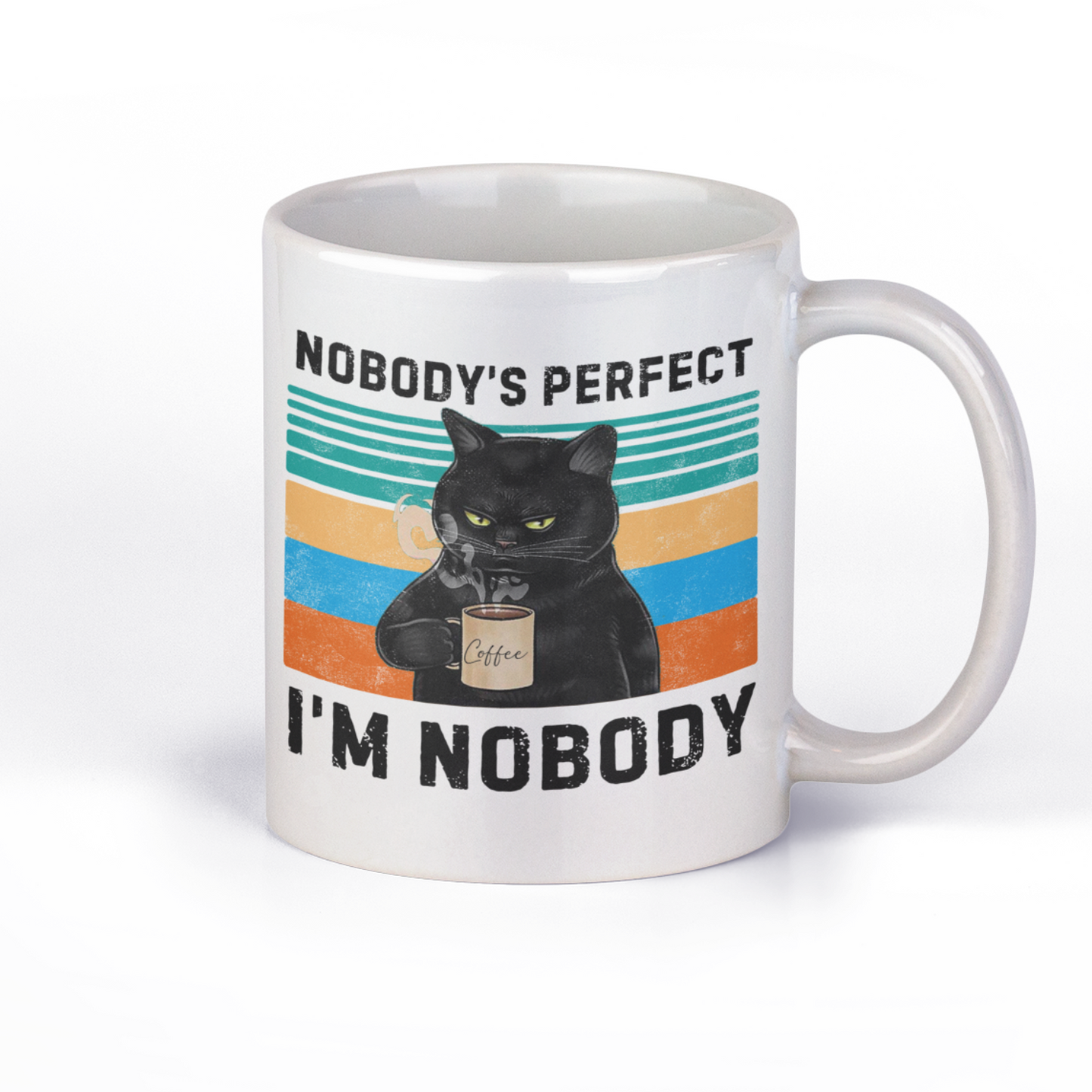 Original SAYSORRY Black Cat Tasse »Nobody’s perfect. I’m Nobody.«