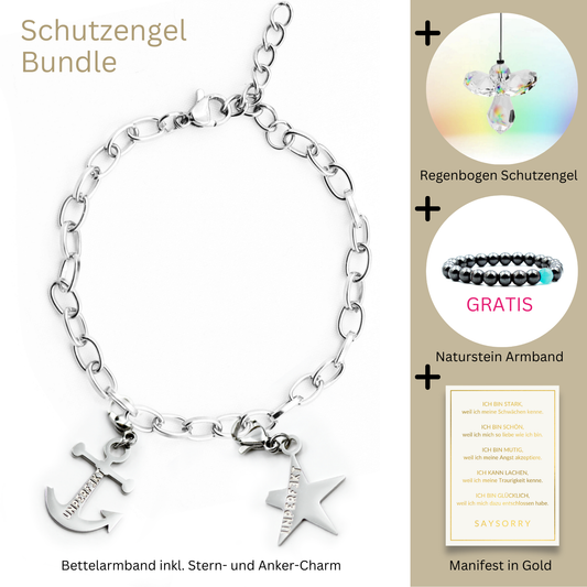 Schutzengel-Bundle: Bettelarmband mit 2 Charms + Schutzengel + Manifest + Geschenk