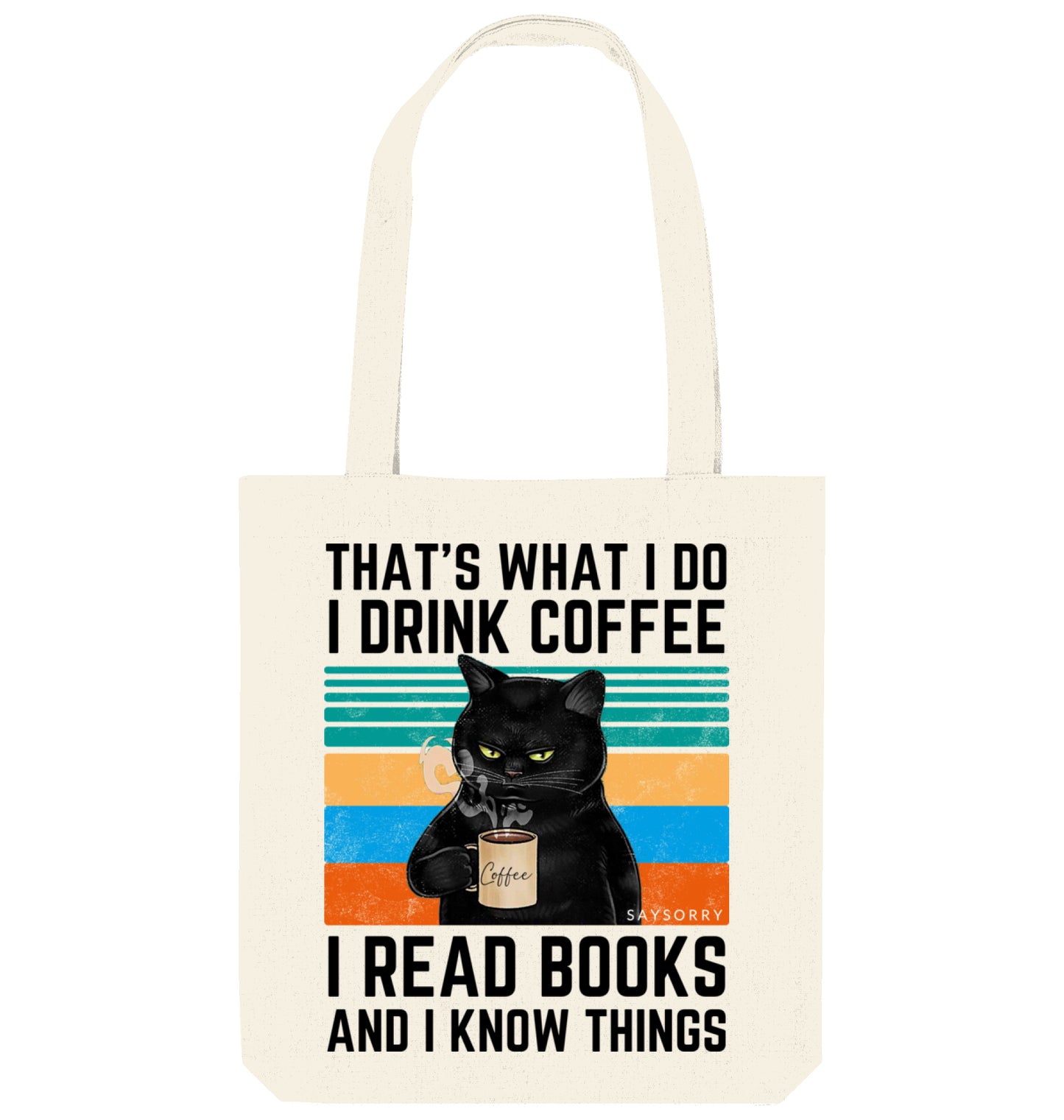 Tote Bag Grumpy Coffee Cat »That’s what I do. I read books and I know things.«