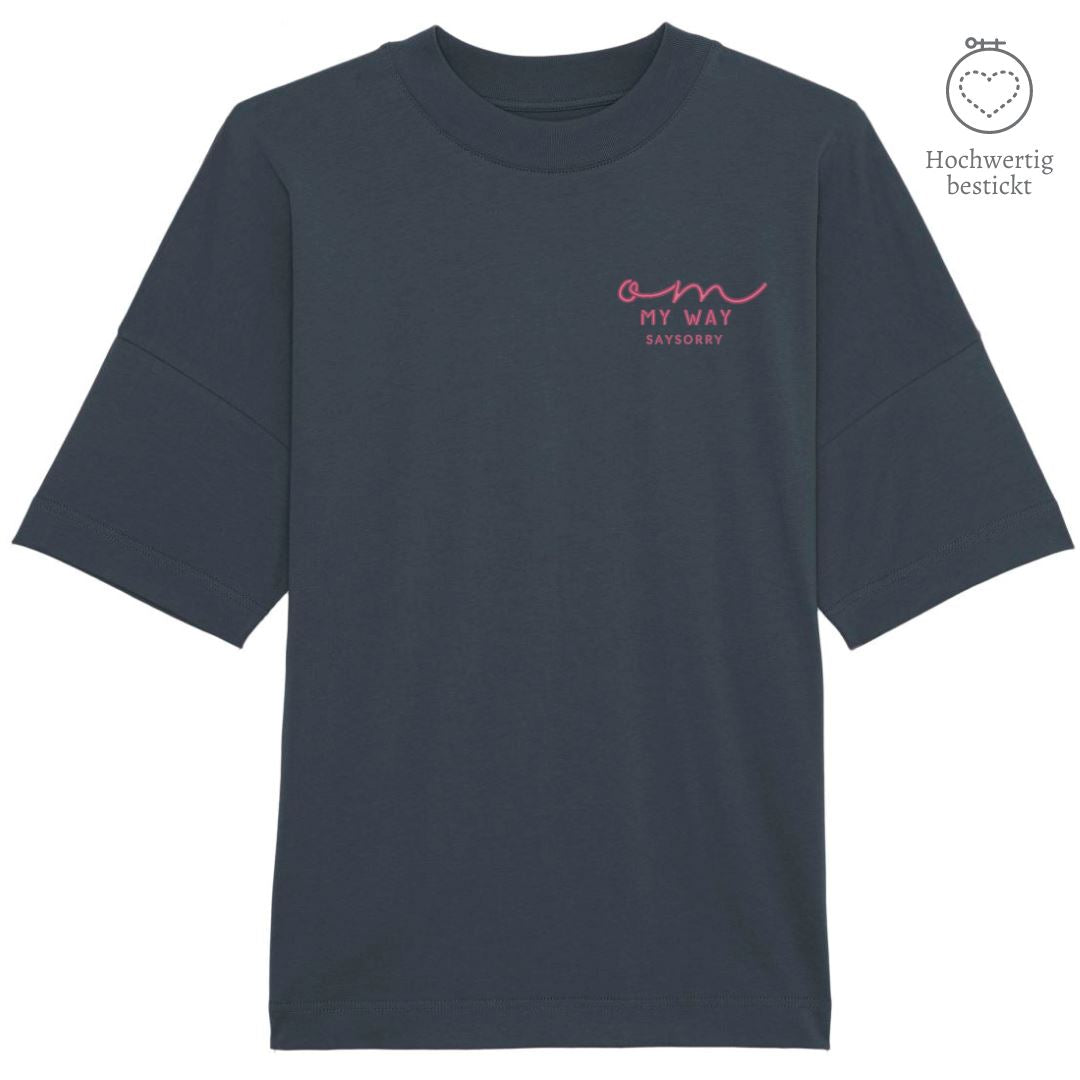 100% organic unisex T-Shirt »OM my way in pink« hochwertig bestickt Shirt SAYSORRY India Ink Grey XXS 