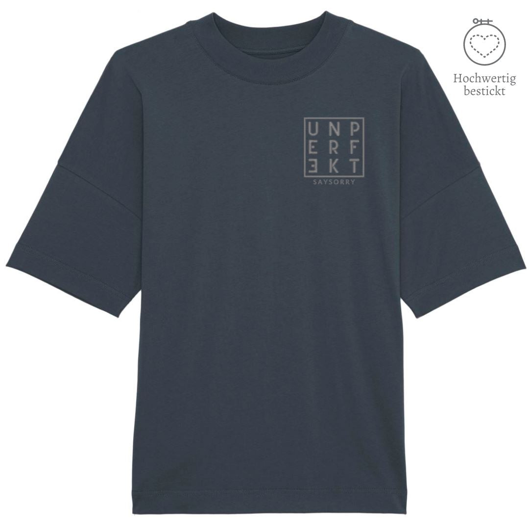 100% organic unisex T-Shirt »Unperfekt im Quadrat grau« hochwertig bestickt Shirt SAYSORRY India Ink Grey XXS 