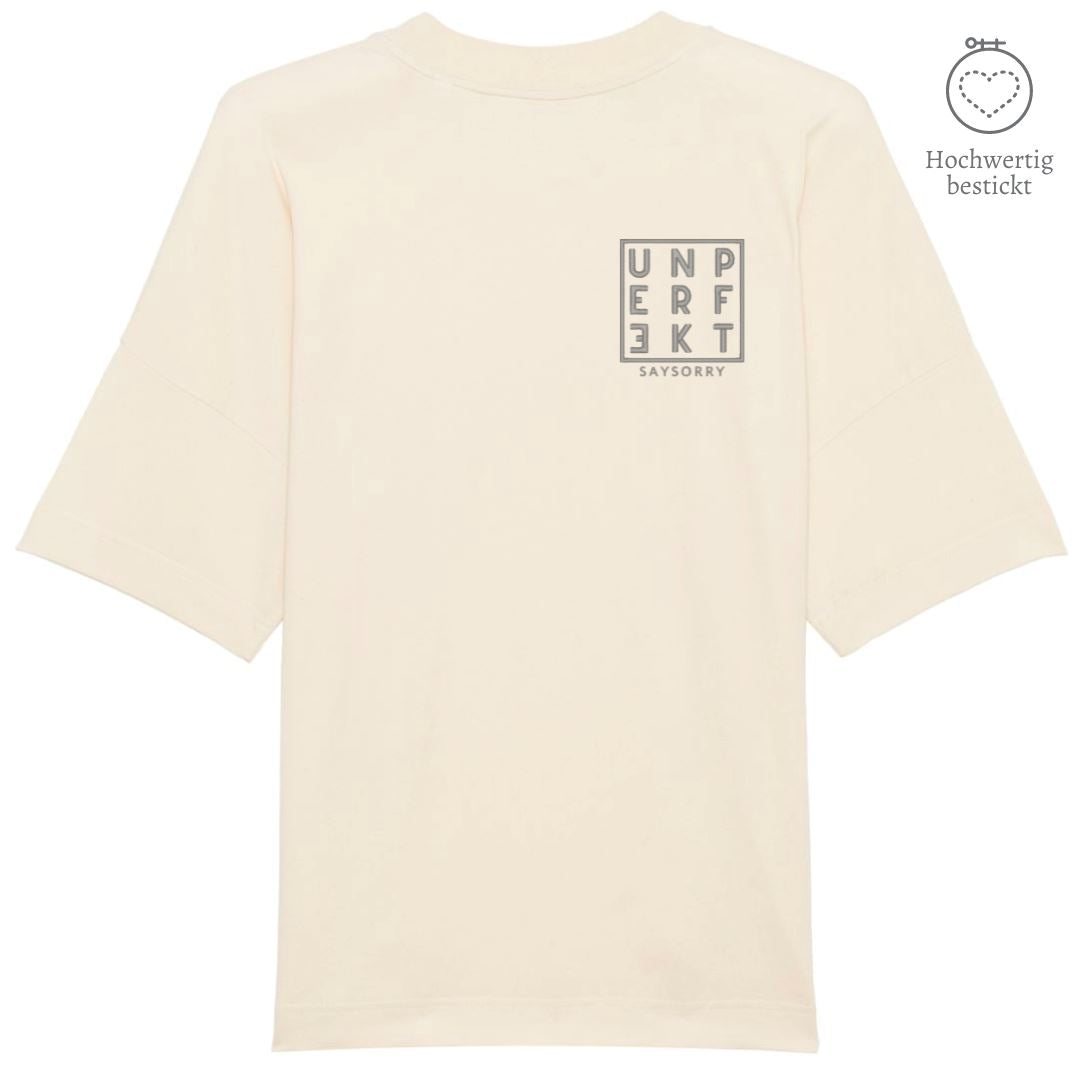 100% organic unisex T-Shirt »Unperfekt im Quadrat grau« hochwertig bestickt Shirt SAYSORRY Natural Raw XXS 
