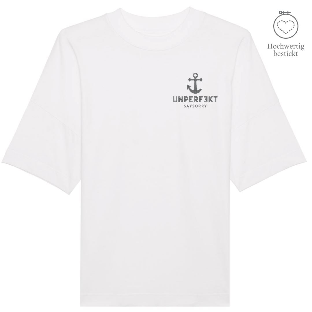 100% organic unisex T-Shirt »unperfekt mit Anker« hochwertig bestickt Shirt SAYSORRY White XXS 