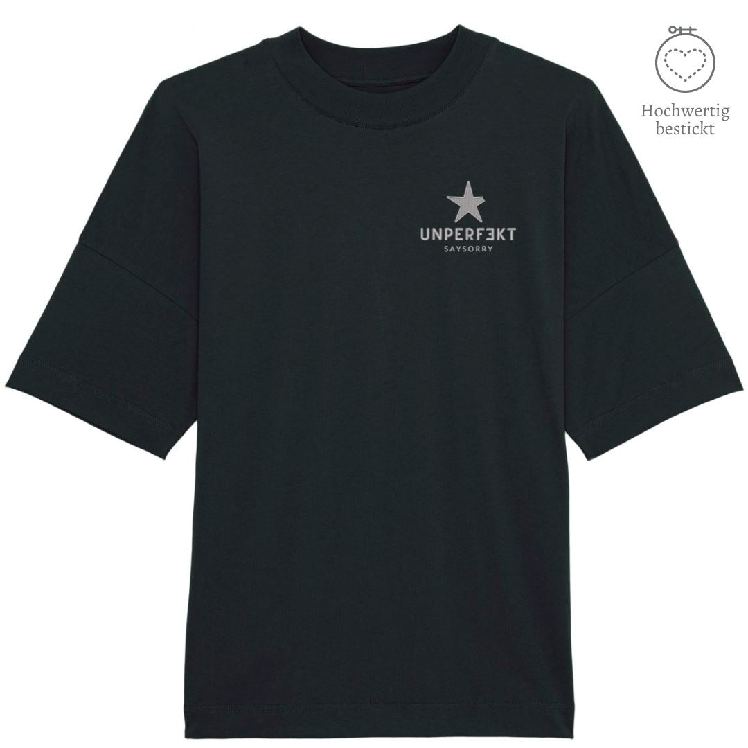 100% organic unisex T-Shirt »unperfekt mit Stern« hochwertig bestickt Shirt SAYSORRY Black XXS 