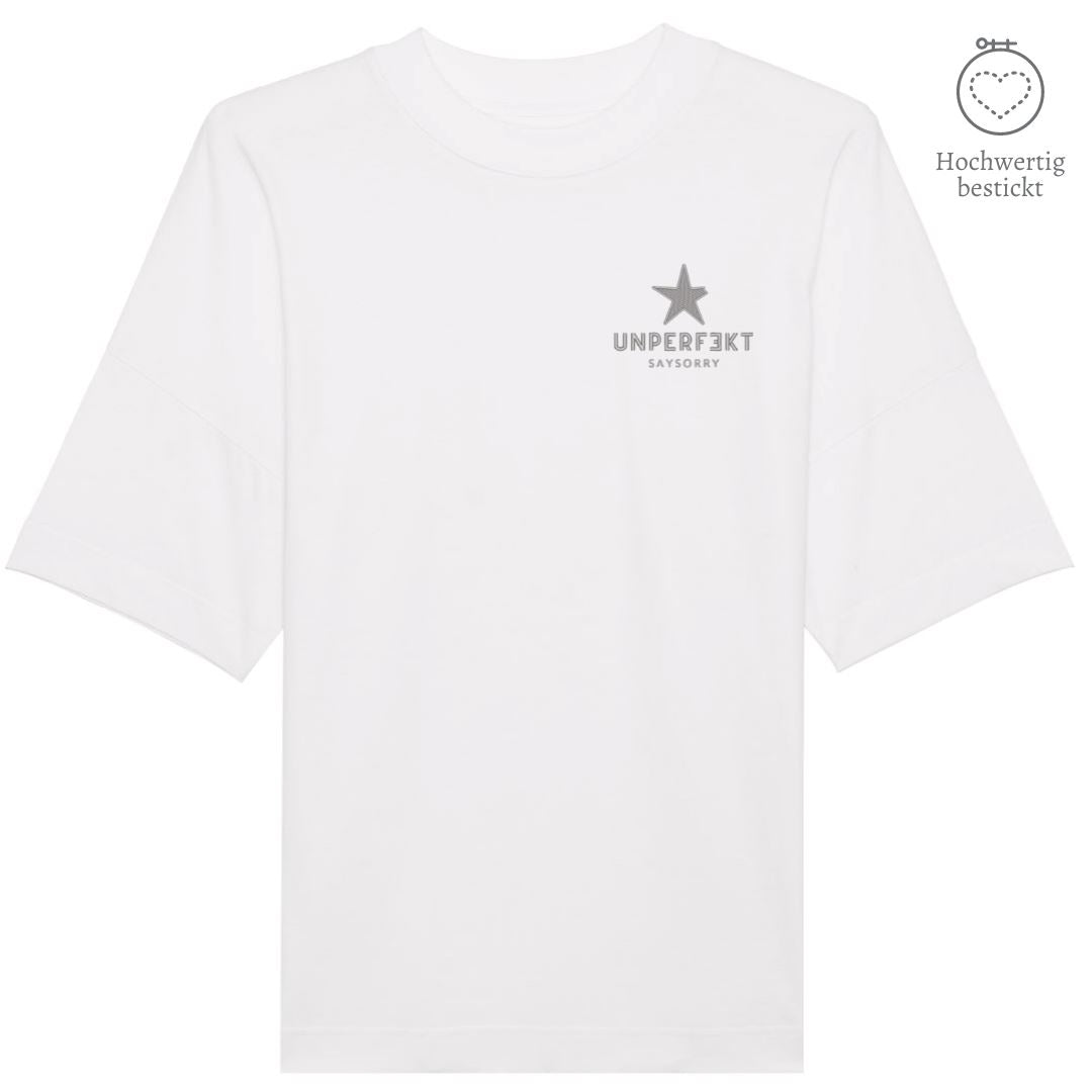 100% organic unisex T-Shirt »unperfekt mit Stern« hochwertig bestickt Shirt SAYSORRY White XXS 
