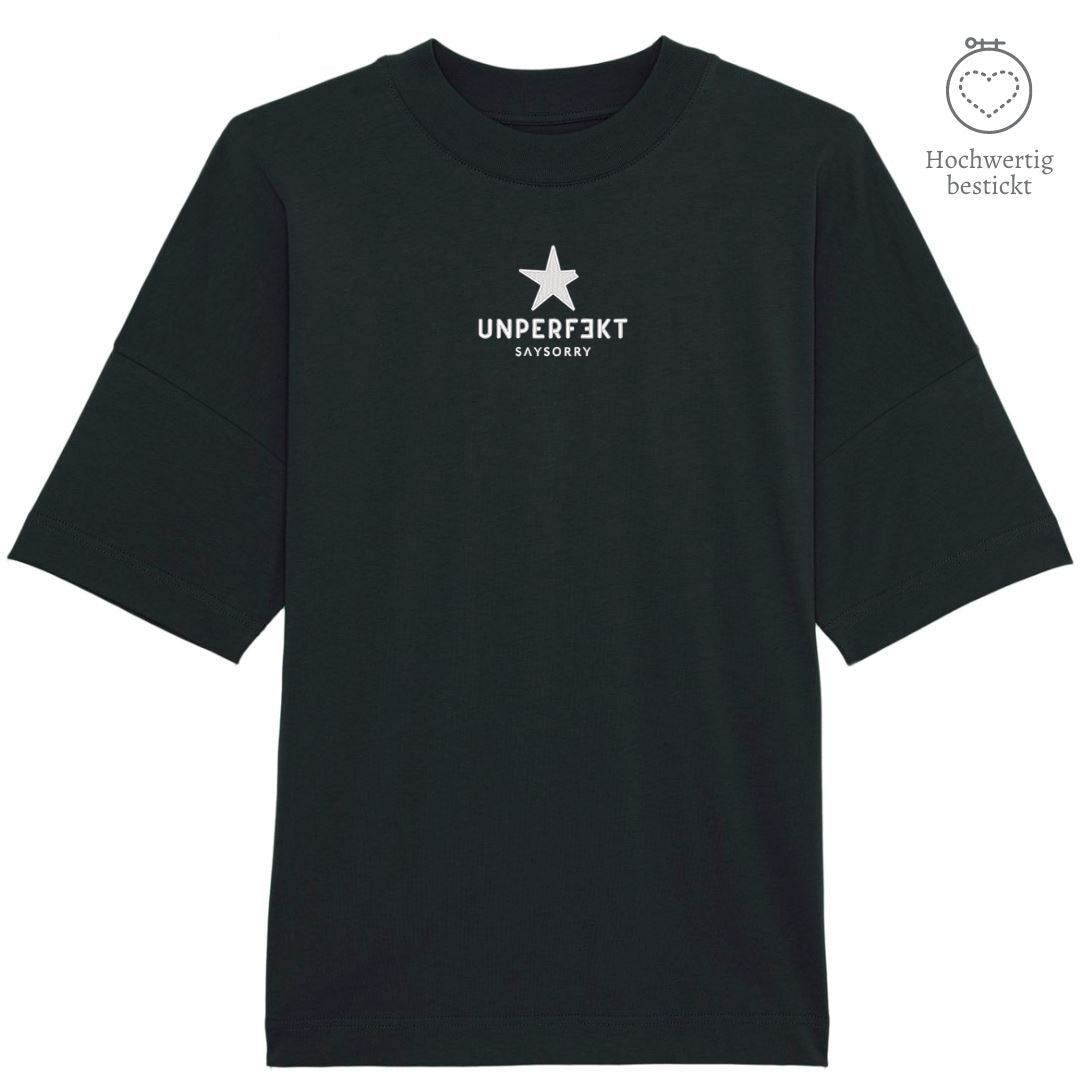 100% organic unisex T-Shirt »unperfekt mit Stern« hochwertig mittig bestickt Shirt SAYSORRY Black XXS 