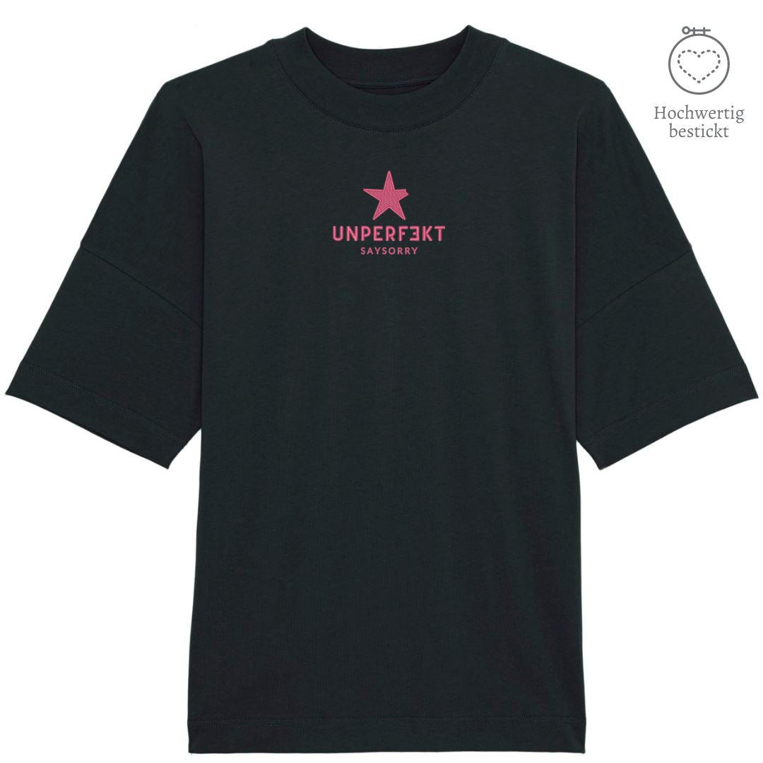 100% organic unisex T-Shirt »unperfekt mit Stern« hochwertig mittig in Pink bestickt Shirt SAYSORRY Black XXS 
