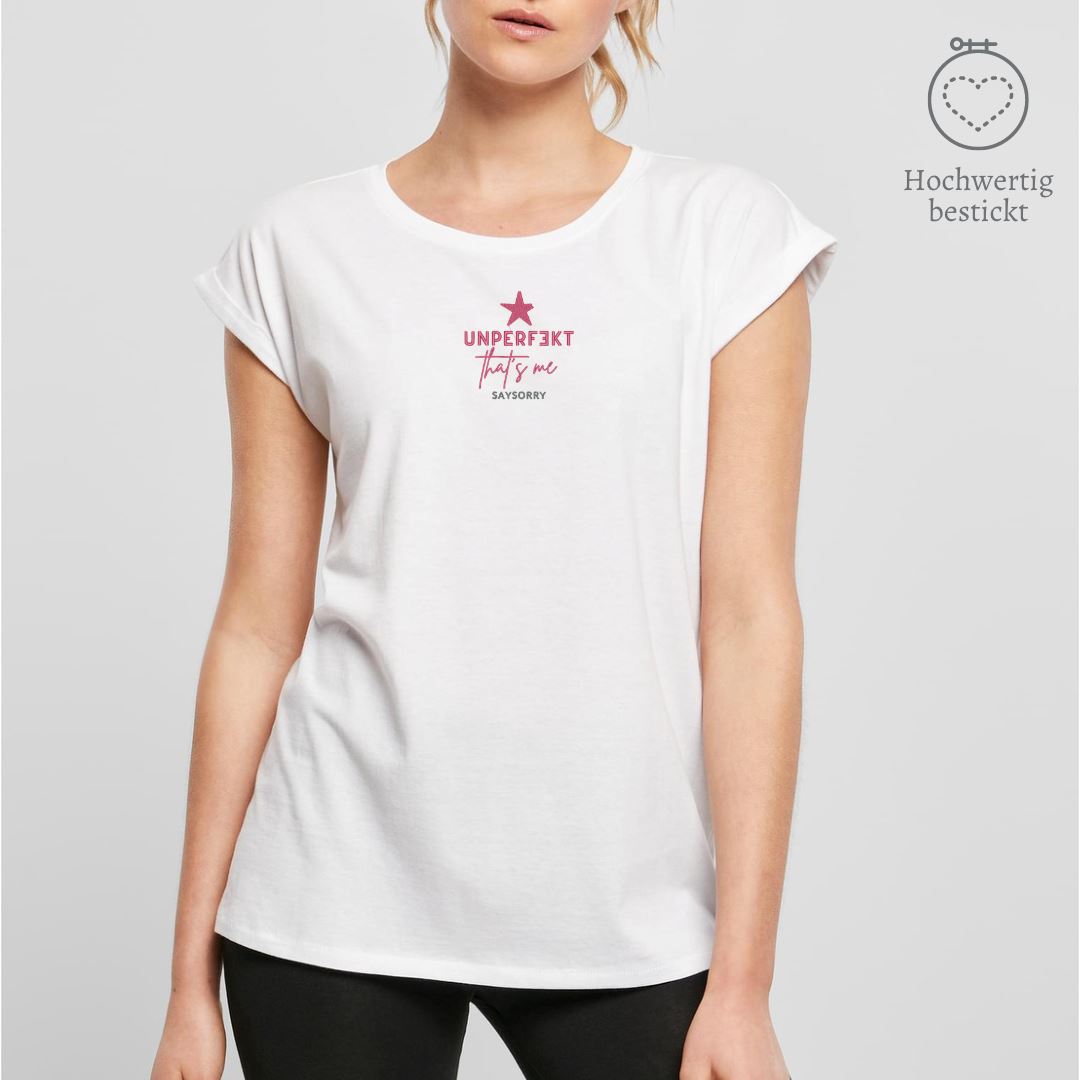 Organic Alle-Größen-Shirt »UNPERFEKT That’s me« hochwertig bestickt Shirt SAYSORRY White XS 