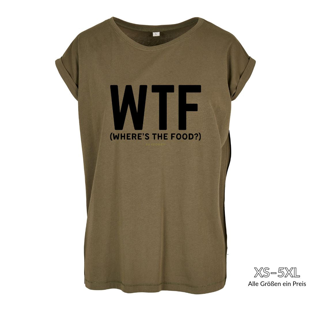 Organic Alle-Größen-Shirt »WTF (Where is The Food?)« Shirt SAYSORRY Olive XS 