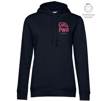 Organic & recycelter Damen Hoodie »GRL PWR« hochwertig bestickt Shirt SAYSORRY Black Pure XS 