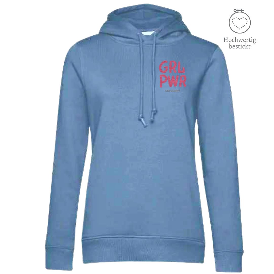 Organic & recycelter Damen Hoodie »GRL PWR« hochwertig bestickt Shirt SAYSORRY Blue Fog XS 