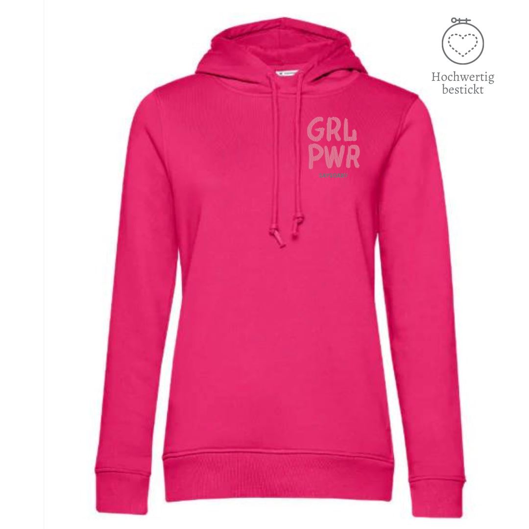 Organic & recycelter Damen Hoodie »GRL PWR« hochwertig bestickt Shirt SAYSORRY Magenta Pink XS 