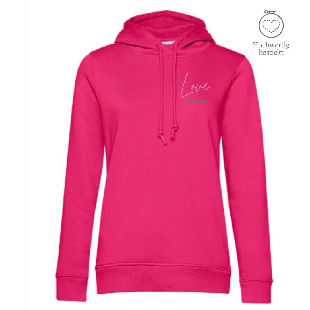 Organic & recycelter Damen Hoodie »Love« hochwertig bestickt Shirt SAYSORRY Magenta Pink XS 