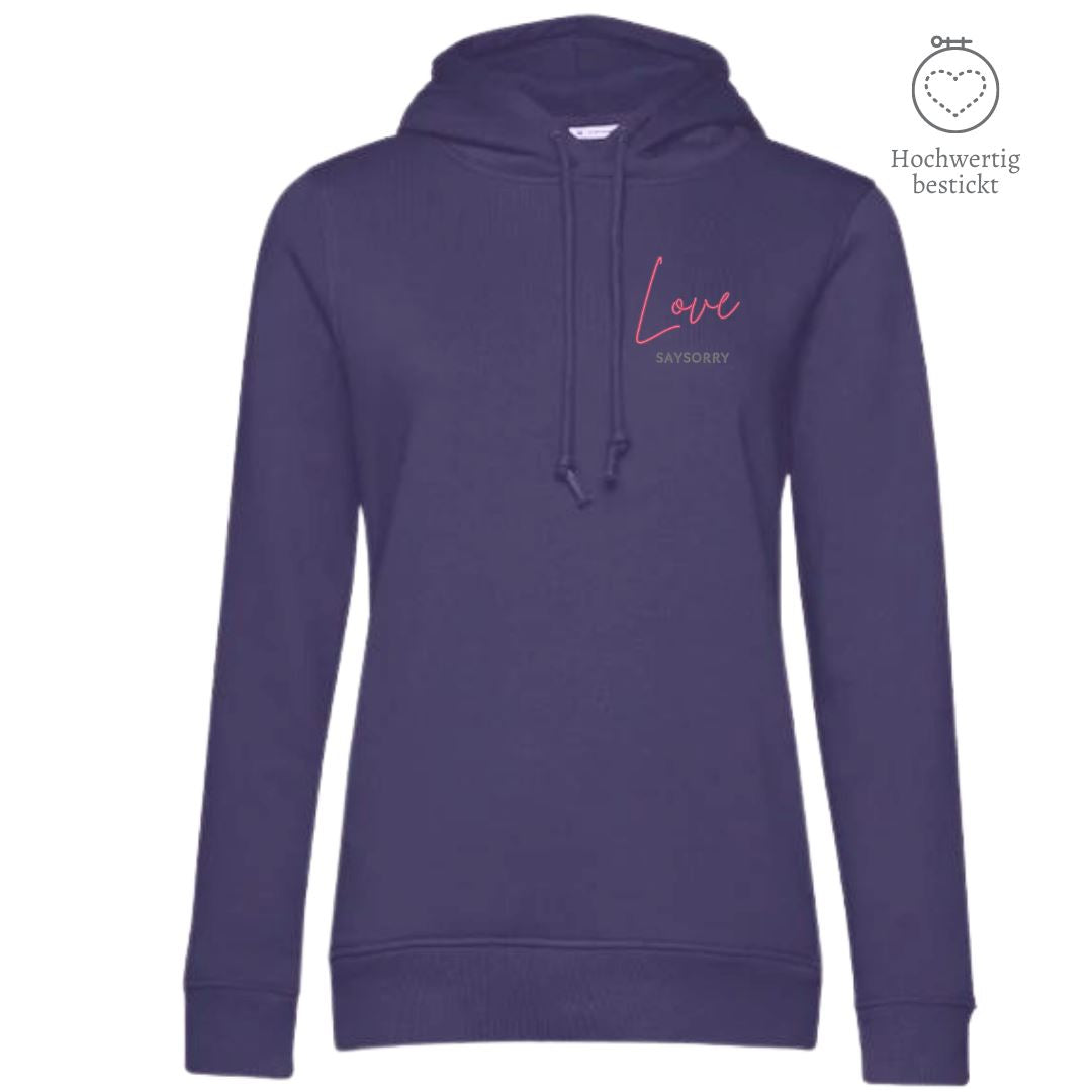 Organic & recycelter Damen Hoodie »Love« hochwertig bestickt Shirt SAYSORRY Radiant Purple XS 