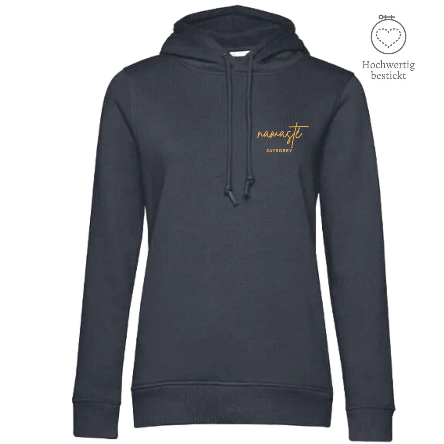 Organic & recycelter Damen Hoodie »Namasté in Gold« hochwertig bestickt Shirt SAYSORRY Asphalt XS 