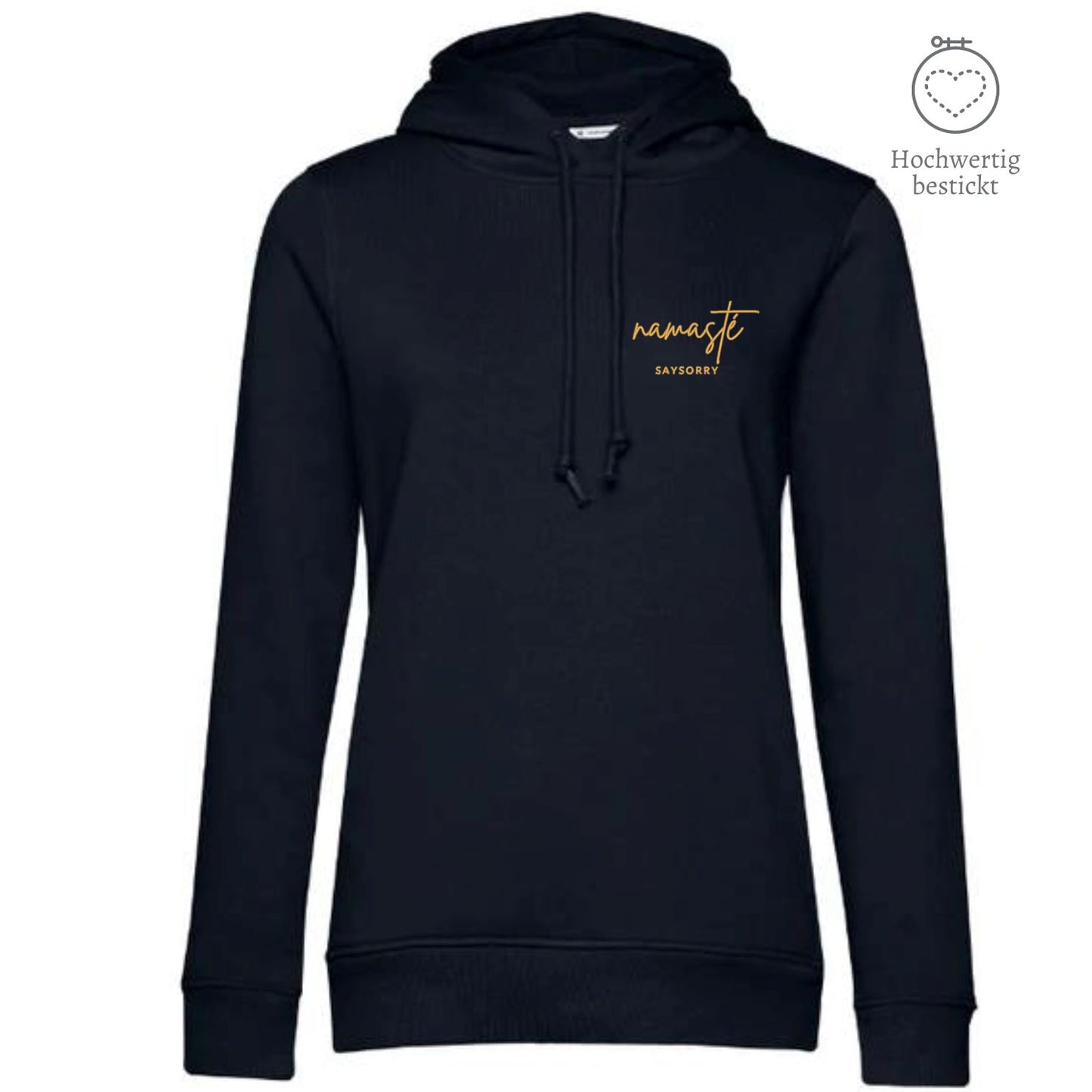 Organic & recycelter Damen Hoodie »Namasté in Gold« hochwertig bestickt Shirt SAYSORRY Black Pure XS 