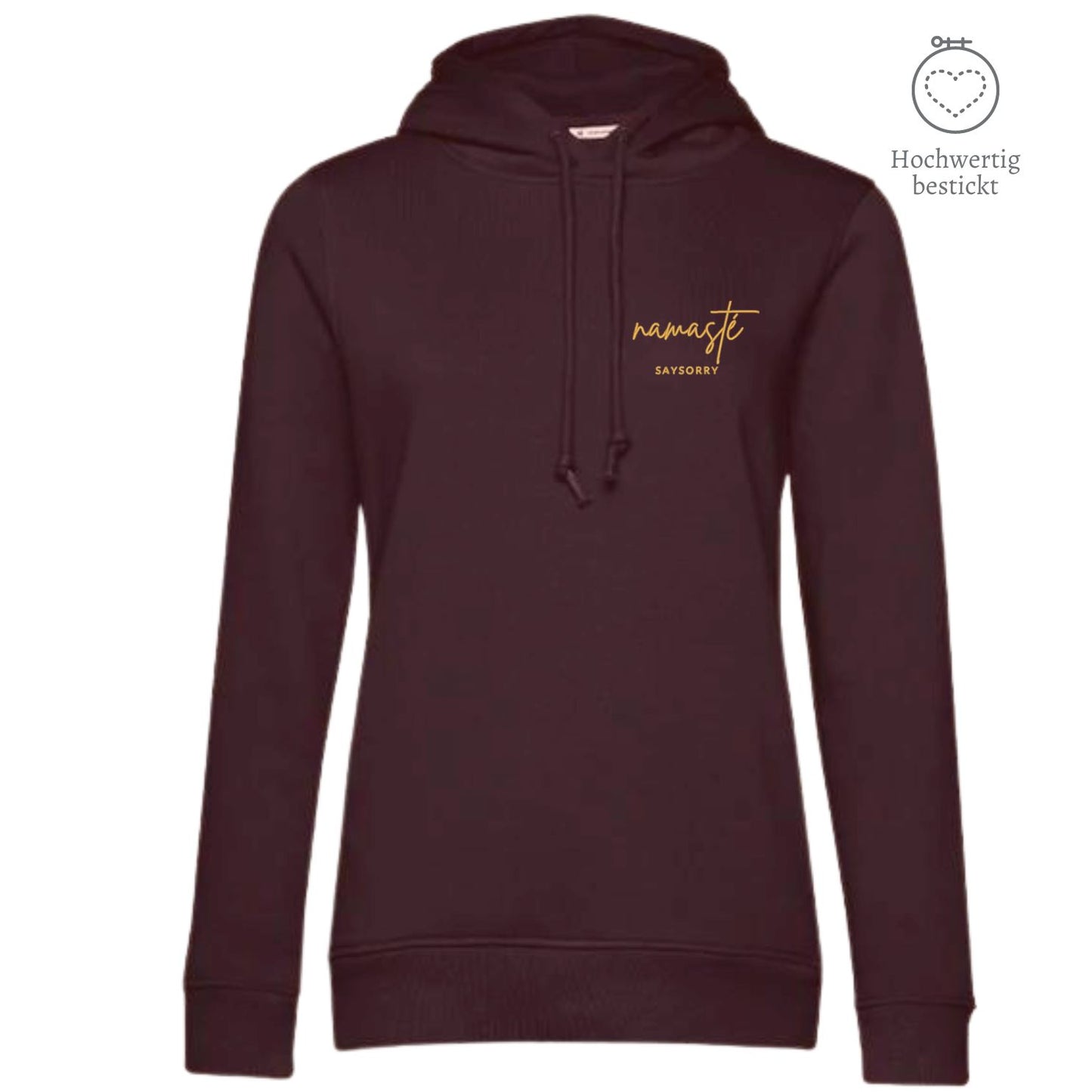 Organic & recycelter Damen Hoodie »Namasté in Gold« hochwertig bestickt Shirt SAYSORRY Burgundy XS 