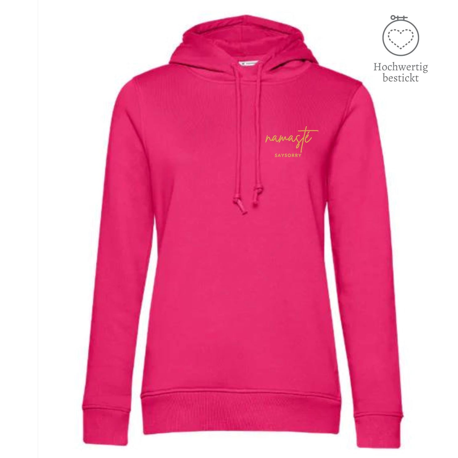 Organic & recycelter Damen Hoodie »Namasté in Gold« hochwertig bestickt Shirt SAYSORRY Magenta Pink XS 