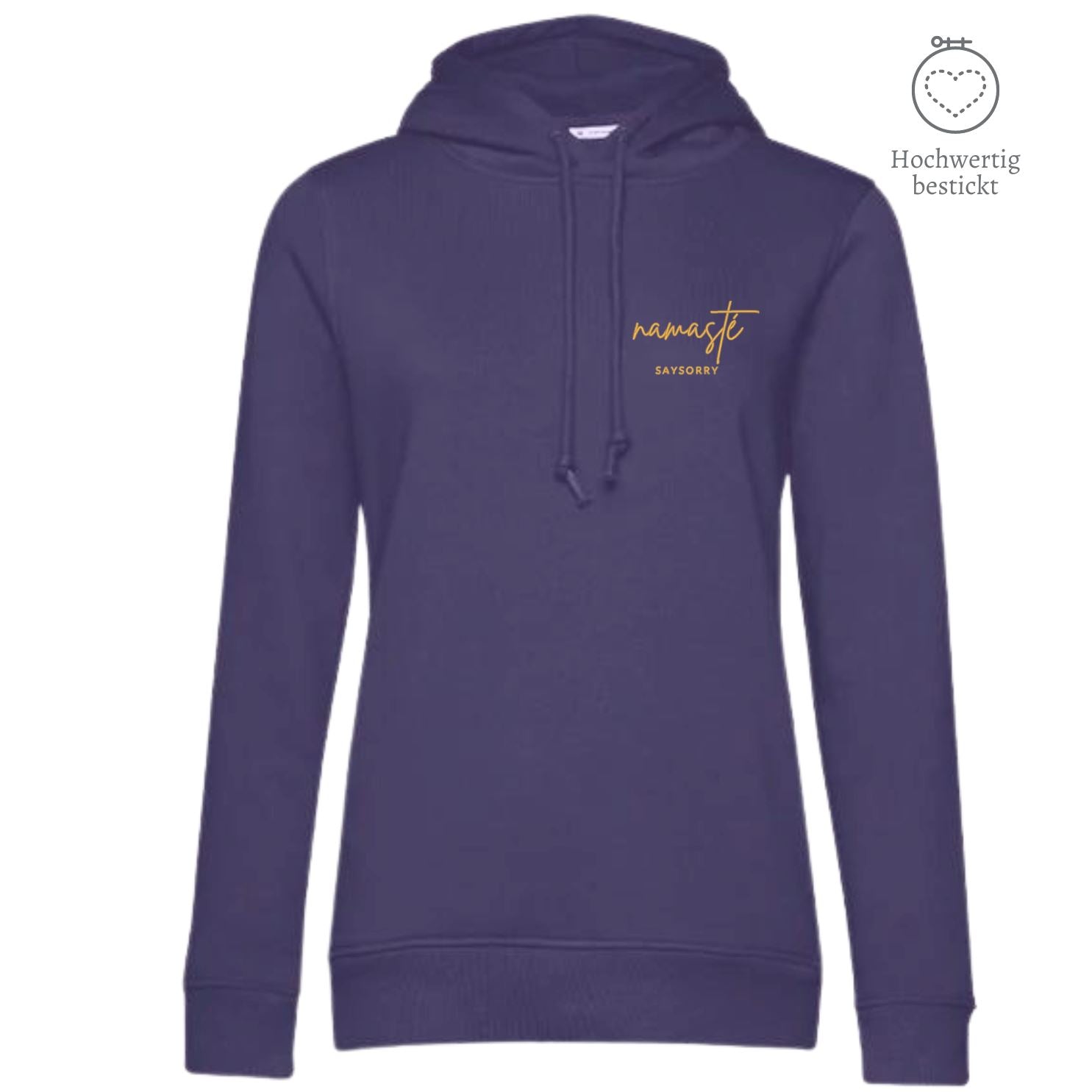 Organic & recycelter Damen Hoodie »Namasté in Gold« hochwertig bestickt Shirt SAYSORRY Radiant Purple XS 