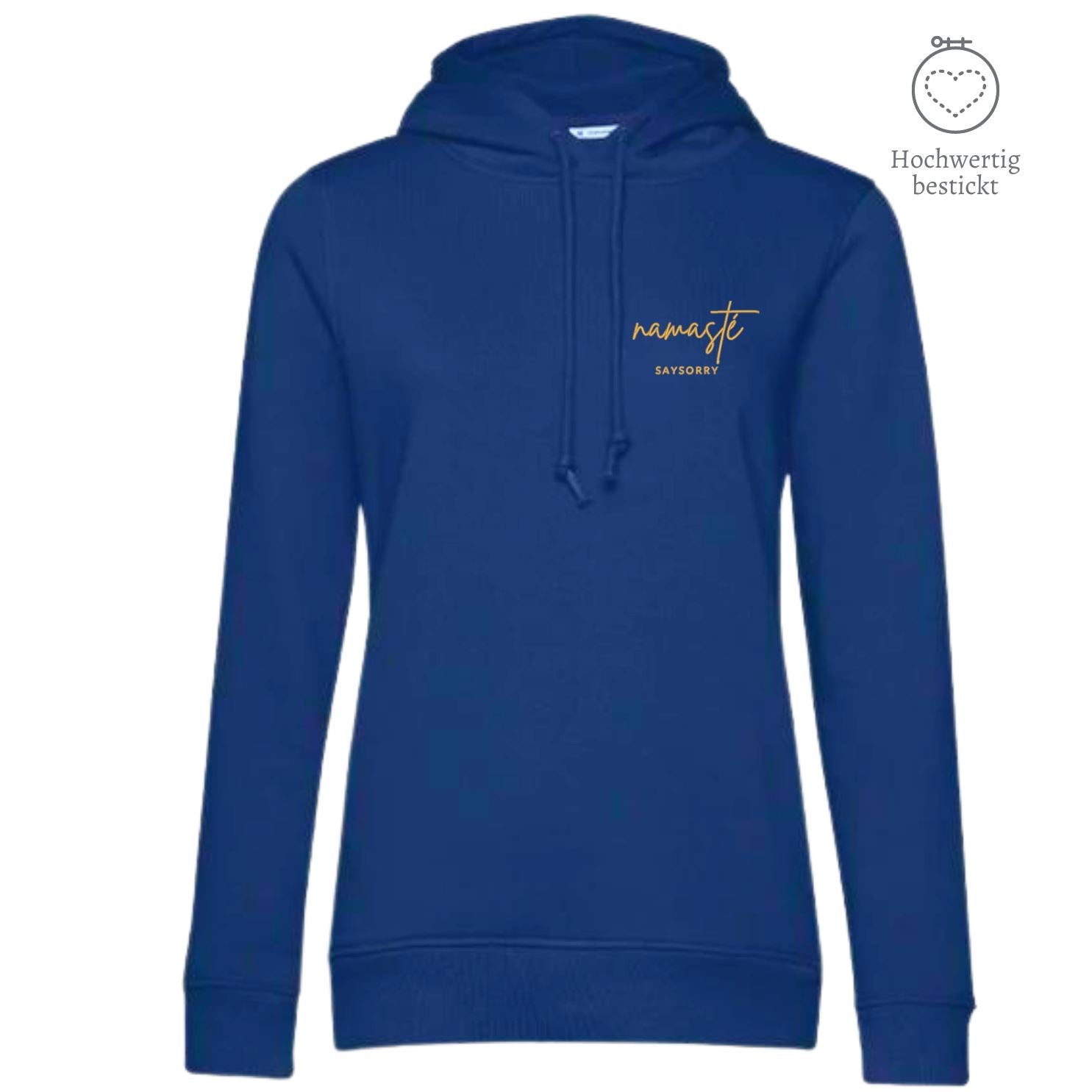Organic & recycelter Damen Hoodie »Namasté in Gold« hochwertig bestickt Shirt SAYSORRY Royal Blue XS 