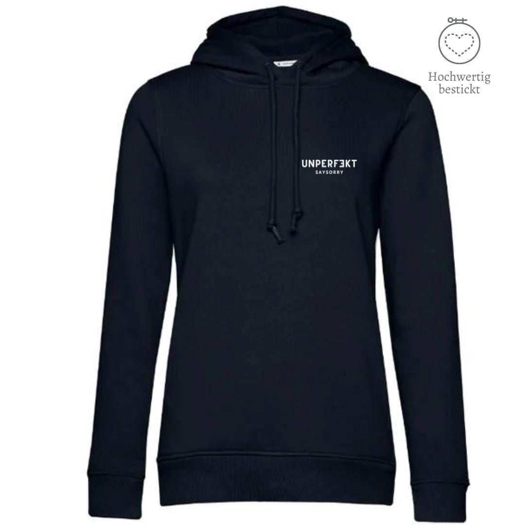 Organic & recycelter Damen Hoodie »Unperfekt« hochwertig bestickt Shirt SAYSORRY Black Pure XS 
