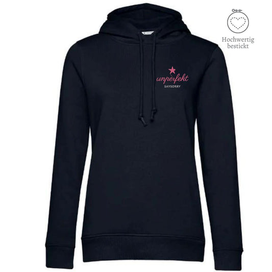 Organic & recycelter Damen Hoodie »Unperfekt in Handschrift« hochwertig bestickt Shirt SAYSORRY Black Pure XS 