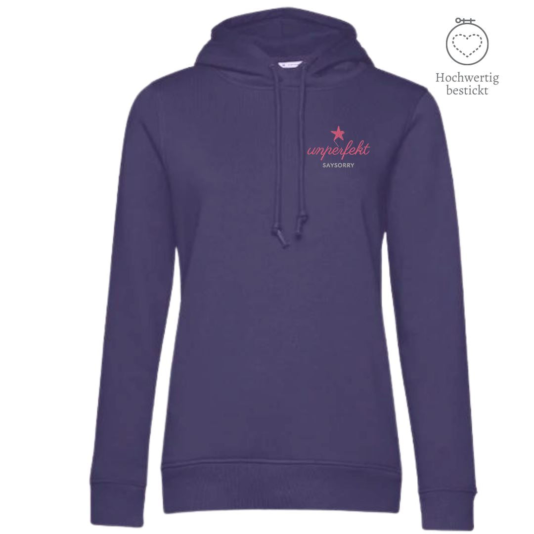 Organic & recycelter Damen Hoodie »Unperfekt in Handschrift« hochwertig bestickt Shirt SAYSORRY Radiant Purple XS 
