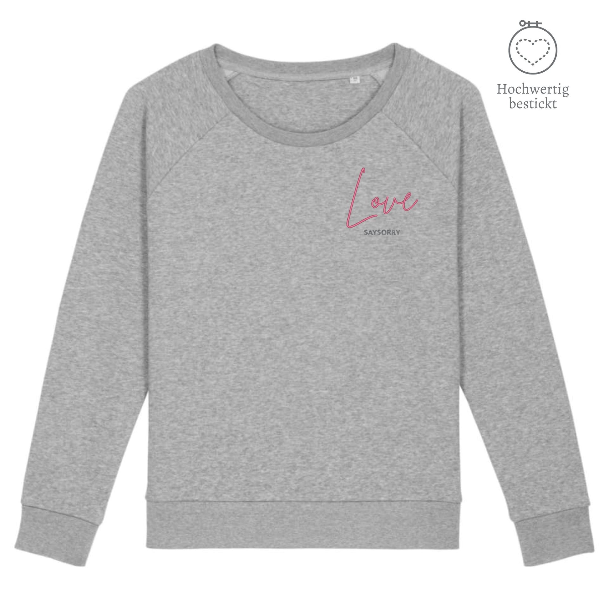 Organic Sweatshirt mit weitem Rundhals-Ausschnitt »Love« hochwertig bestickt Shirt SAYSORRY Cream Heather Grey XS 