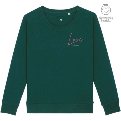 Organic Sweatshirt mit weitem Rundhals-Ausschnitt »Love« hochwertig bestickt Shirt SAYSORRY Glazed Green XS 