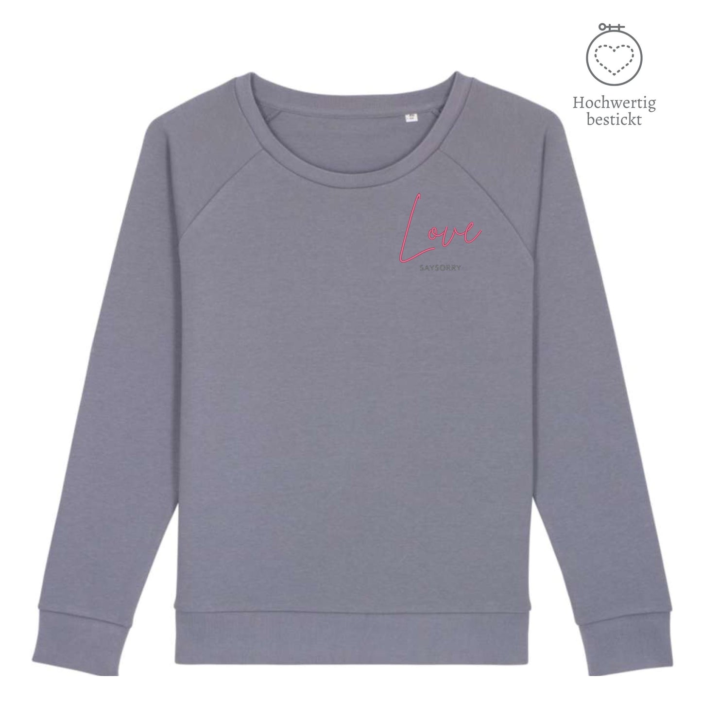 Organic Sweatshirt mit weitem Rundhals-Ausschnitt »Love« hochwertig bestickt Shirt SAYSORRY Lava Grey XS 
