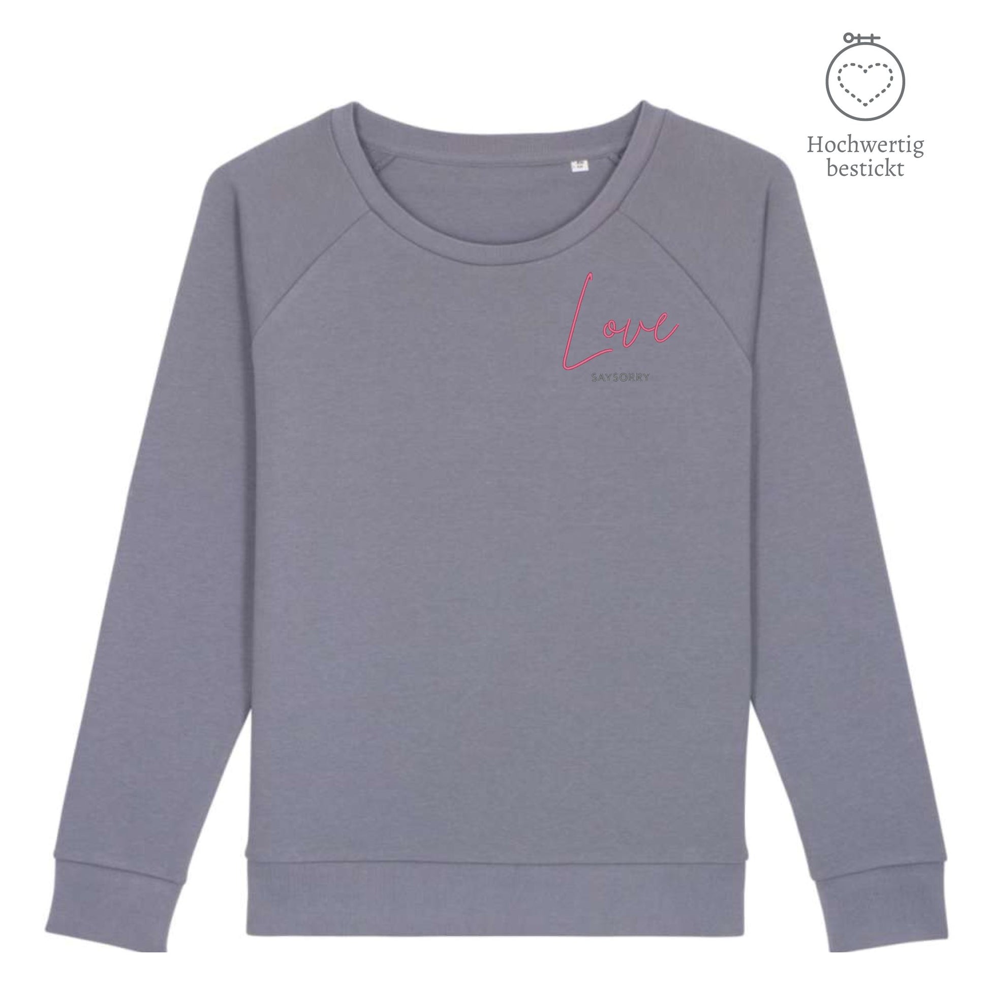 Organic Sweatshirt mit weitem Rundhals-Ausschnitt »Love« hochwertig bestickt Shirt SAYSORRY Lava Grey XS 